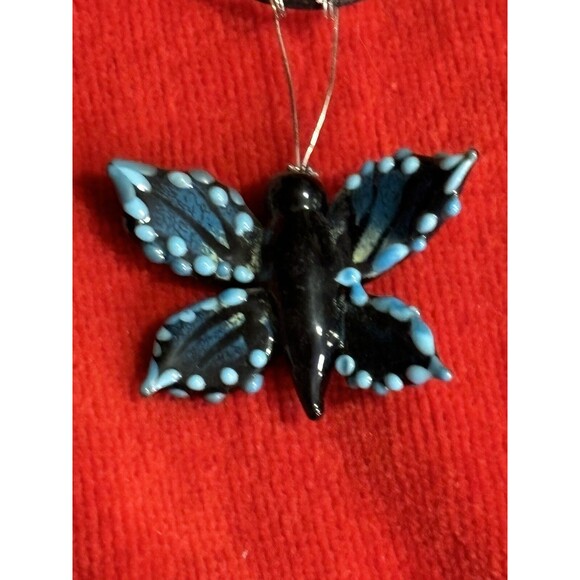 Handblown Fused Glass Black & Blue Butterfly Necklace - Picture 2 of 9